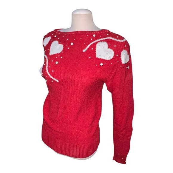 Vintage Smiths Aspen Red Knit Sweater W/ White Heart Design & Beaded Detailing - Picture 8 of 12